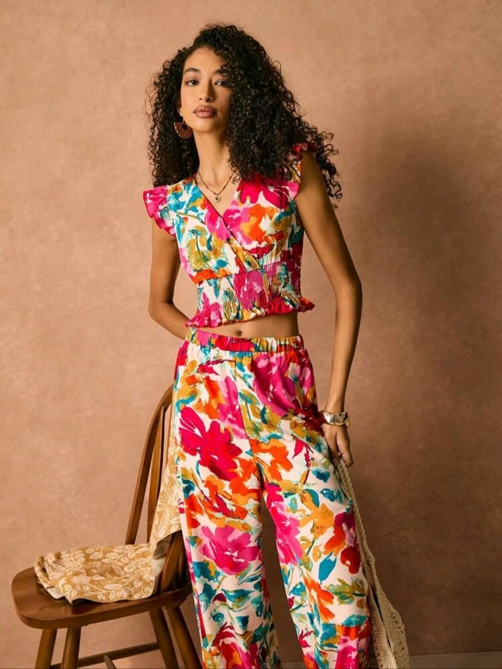 SHEIN Pink Multi Floral Wide-Leg Pants & Smocked Crop Top Set